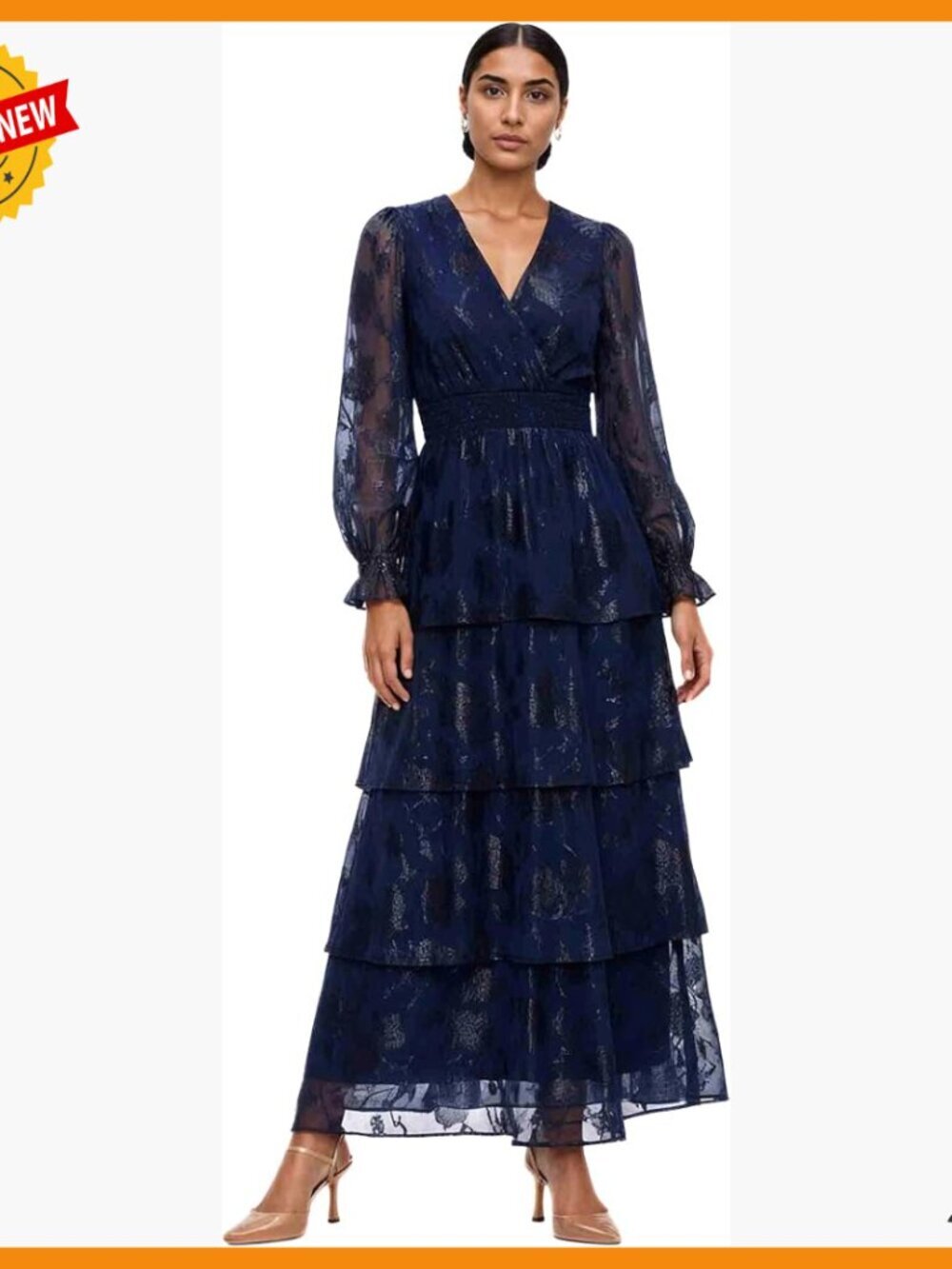 Long Sleeve Tiered Chiffon Maxi Dress, V-Neck Bell Cuff, Day to Night